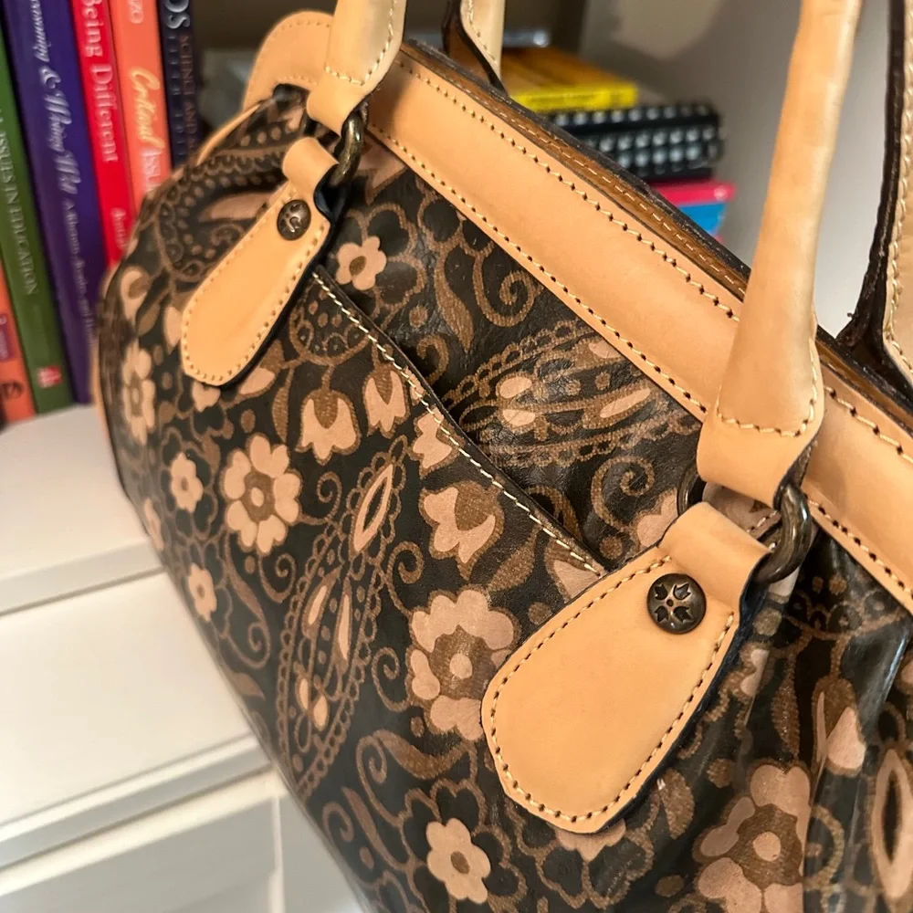 Patricia Nash Floral Pattern Satchel Handbag in Brown and Tan
